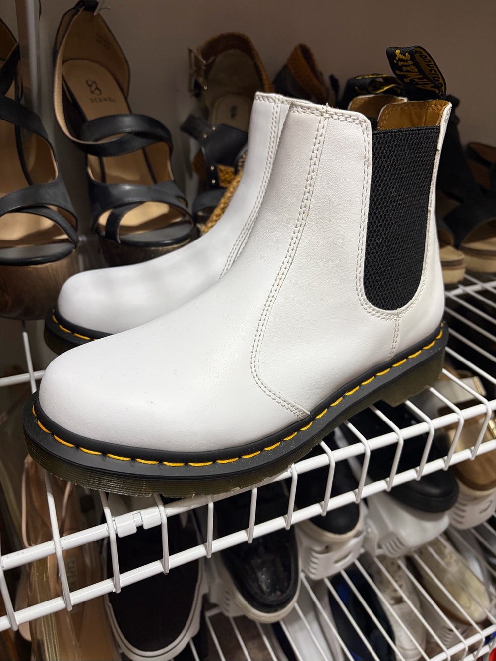 Dr. Martens White Chelsea Boots with Black Elastic and Yellow Interior